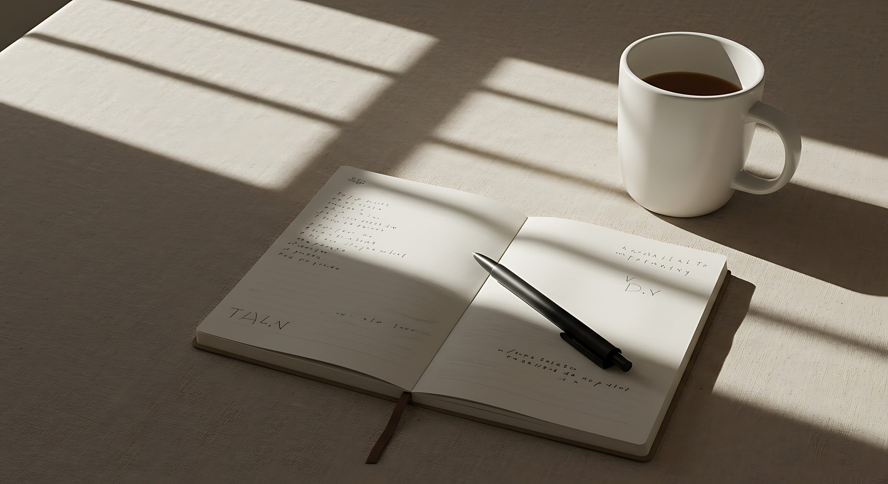 An open notebook and coffee in morning light