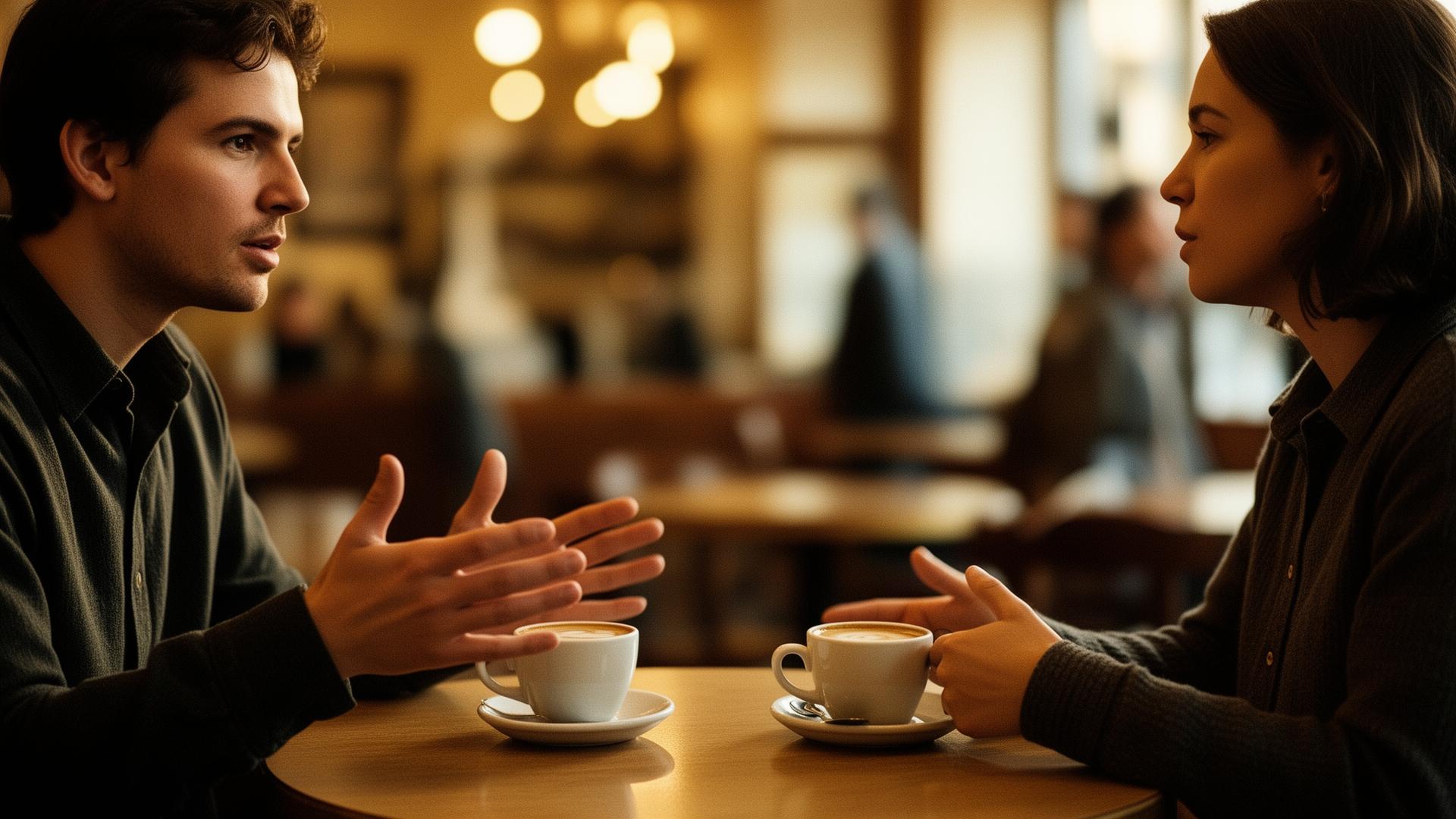 Two people in conversation over coffee