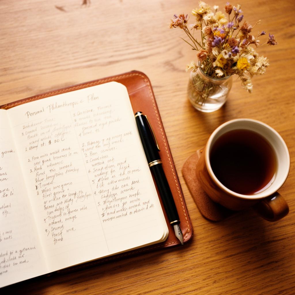 Notebook and tea on a warm wooden desk